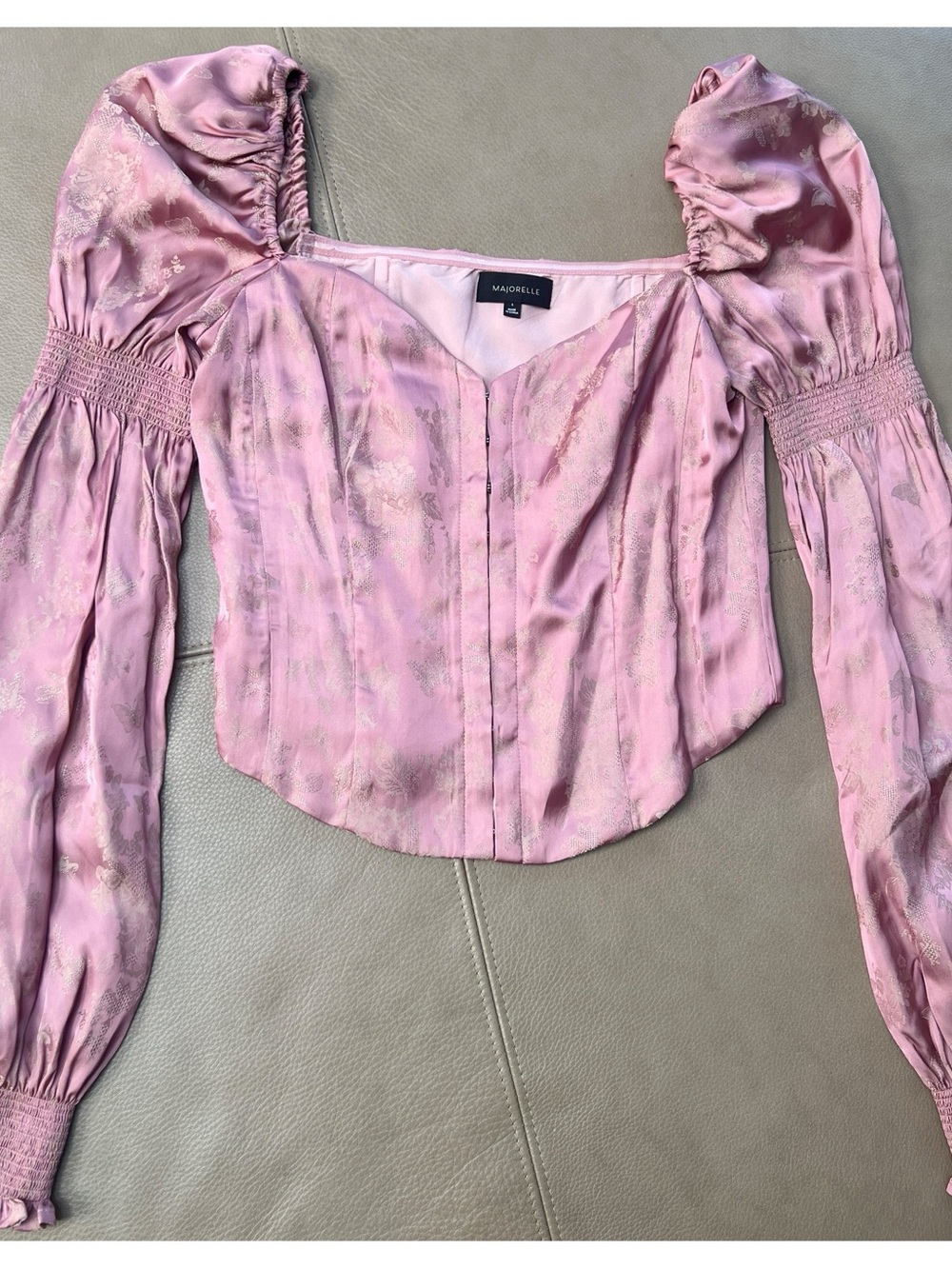 MAJORELLE Emelye Pink Puff-Sleeve Satin Corset Blouse - Small